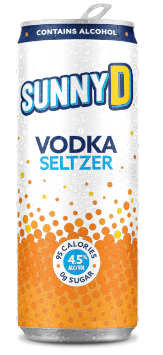 Sunny D Vodka Seltzer can with tab opened, and covered in water droplets becuse it's ice cold